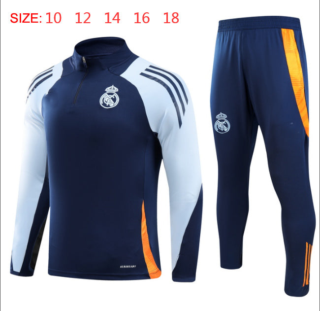 2024-25 Real Madrid Clear Blue Sleeves Training Suit Kids Size 10-18