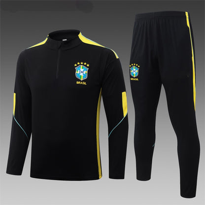 2026 Brazil Black Yellow Half Zip Training Suit Adults Or Children