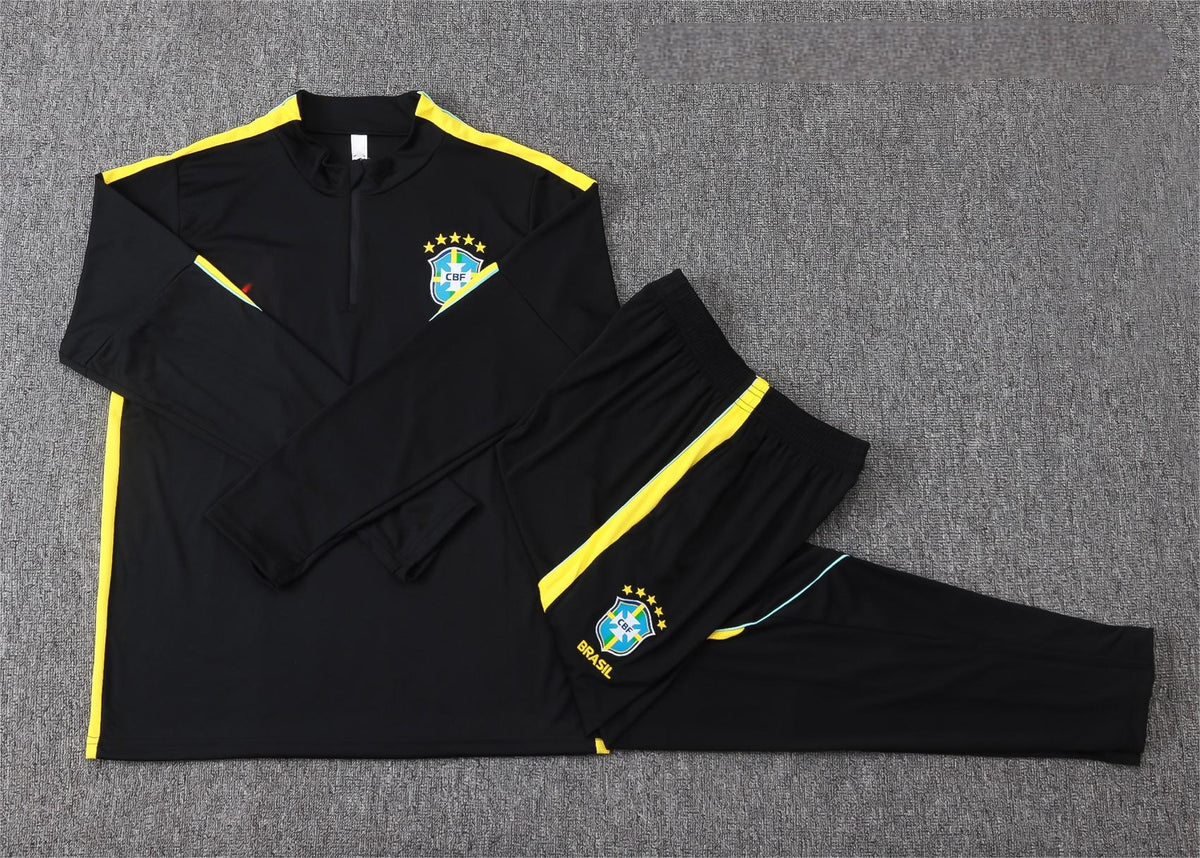 2026 Brazil Black Yellow Half Zip Training Suit Adults Or Children