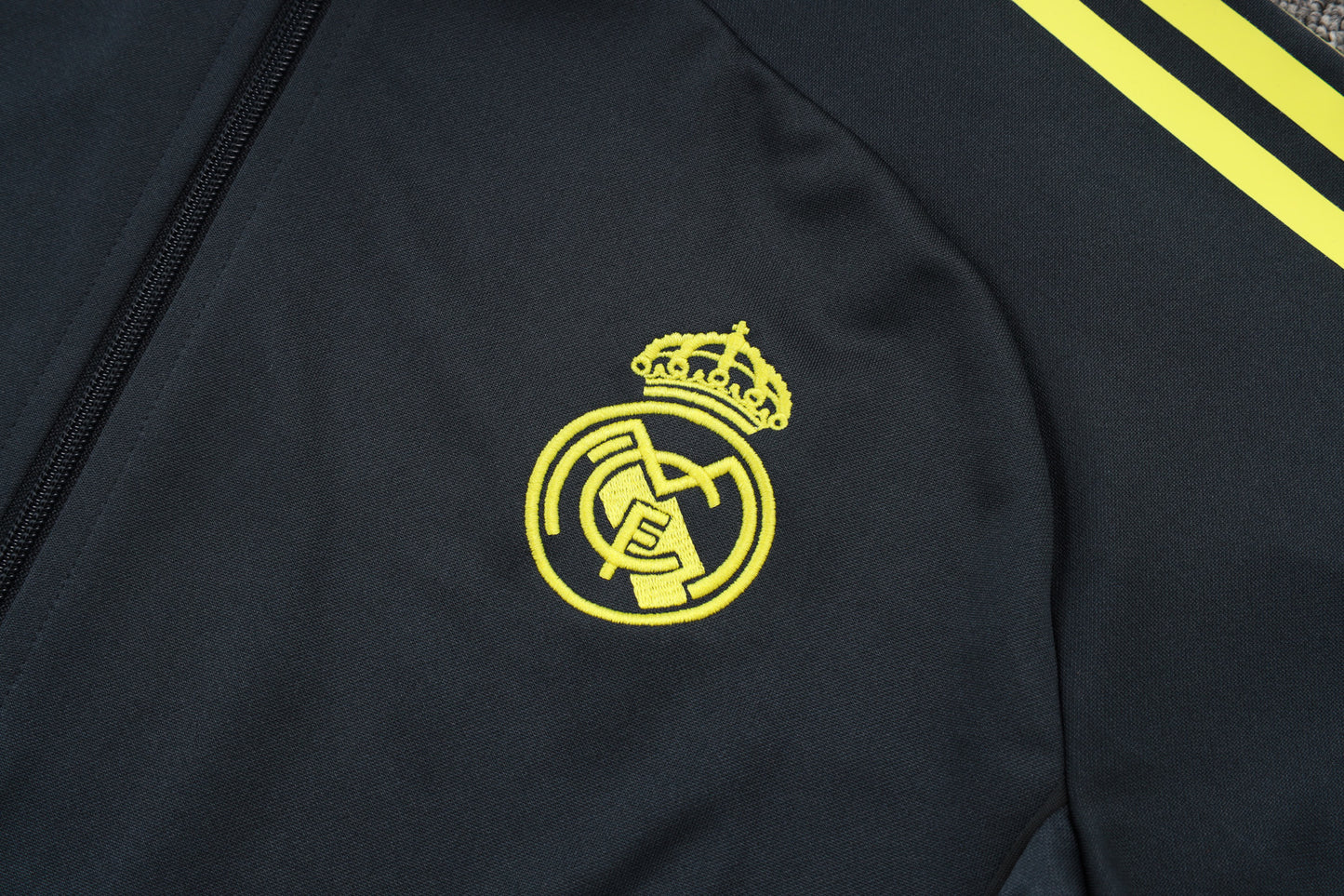 2025-26 Real Madrid Chándal de entrenamiento con cremallera larga, gris oscuro (mangas amarillas) Tallas S-2XL