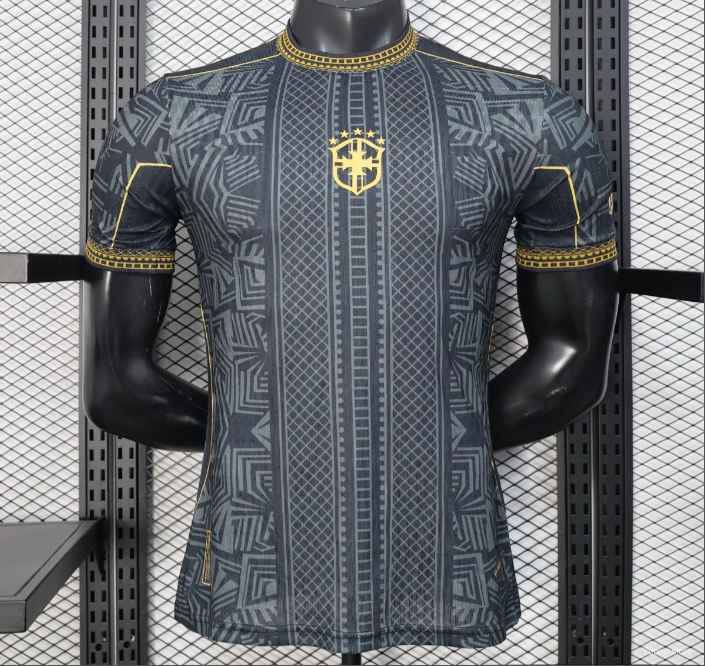 2026 Brasilien Schwarz mit Gold Geometrisches Stammesmuster Spieler S-2XL