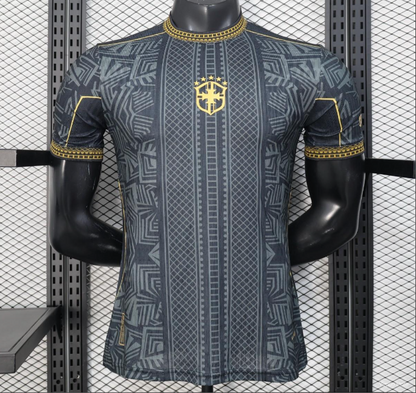 2026 Brasilien Schwarz mit Gold Geometrisches Stammesmuster Spieler S-2XL