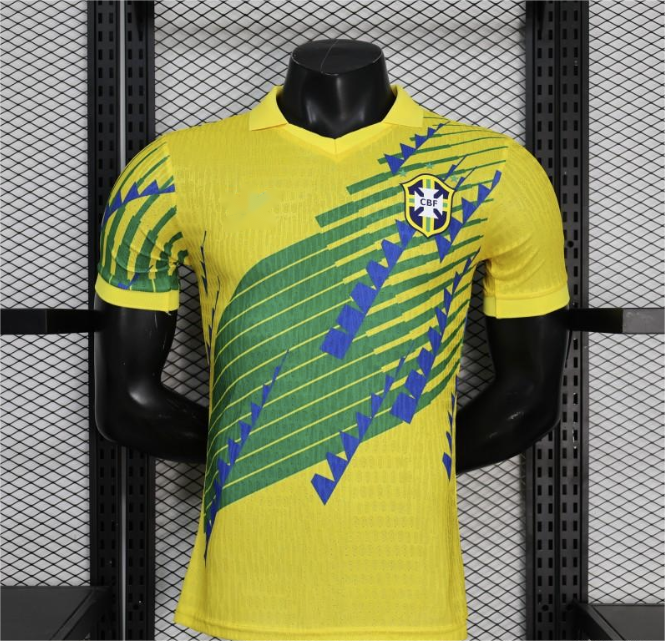 2026 Brasilien Gelb mit grünen und blauen geometrischen Mustern Spieler S-2XL